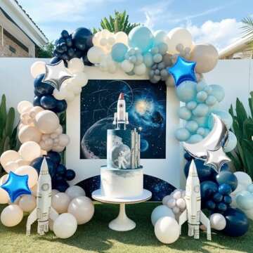 Outer Space Balloon Arch Kit, Navy Blue And White Grey Sea Blue Moon Star Foil Balloon for Boy Kids Space Birthday Astronaut UFO Theme Graduation Party Over The Moon Baby Shower Decorations