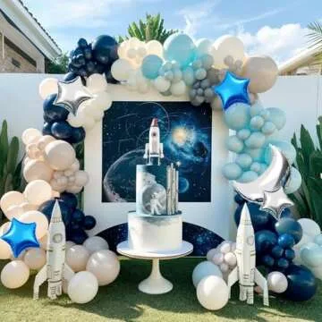 Outer Space Balloon Arch Kit, Navy Blue And White Grey Sea Blue Moon Star Foil Balloon for Boy Kids Space Birthday Astronaut UFO Theme Graduation Party Over The Moon Baby Shower Decorations