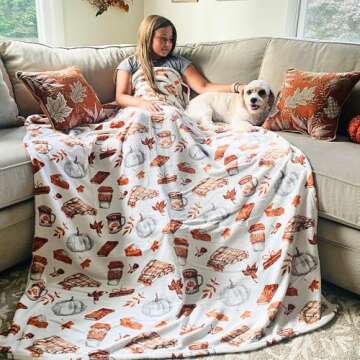 Fall Throw Blanket Soft Fleece: Pumpkin Spice and Everything Nice with Books Wraps Coffees Lattes Pumpkins Pies Oversized 70" inches x 50" inches