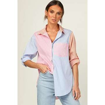 CHYRII Women's Casual V Neck Striped Button Down Shirts Long Sleeve Blouses Tops with Pockets Pink+Blue-7092 S