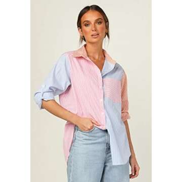 CHYRII Women's Casual V Neck Striped Button Down Shirts Long Sleeve Blouses Tops with Pockets Pink+Blue-7092 S