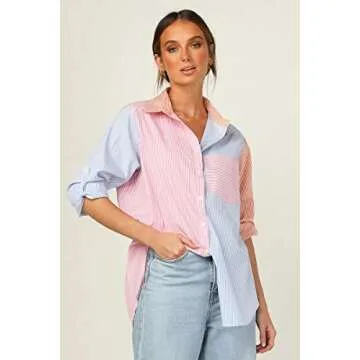 CHYRII Women's Casual V Neck Striped Button Down Shirts Long Sleeve Blouses Tops with Pockets Pink+Blue-7092 S
