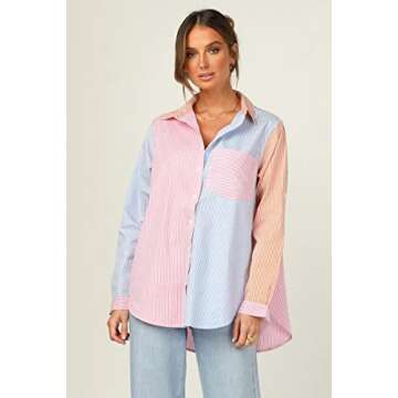 CHYRII Women's Casual V Neck Striped Button Down Shirts Long Sleeve Blouses Tops with Pockets Pink+Blue-7092 S