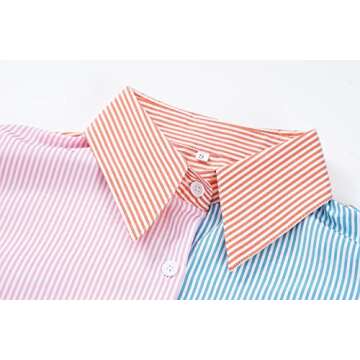 CHYRII Women's Casual V Neck Striped Button Down Shirts Long Sleeve Blouses Tops with Pockets Pink+Blue-7092 S