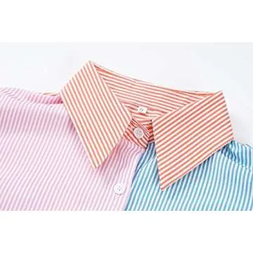 CHYRII Women's Casual V Neck Striped Button Down Shirts Long Sleeve Blouses Tops with Pockets Pink+Blue-7092 S