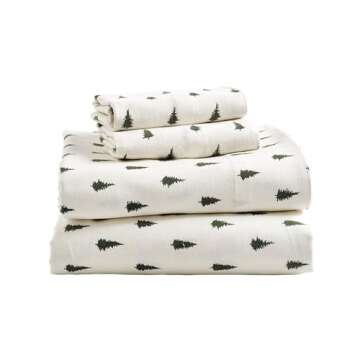 G.H. Bass Spruce Trees 100% Cotton Flannel Sheet Set, Flat, Fitted, 2 Pillowcases, Queen, Forest Green