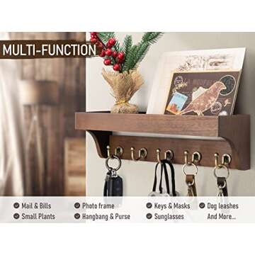 Rebee Vision Farmhouse Key Holder for Wall - Decorative Wooden Mail Organizer with 5 Rustic Key Hook...