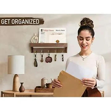 Rebee Vision Farmhouse Key Holder for Wall - Decorative Wooden Mail Organizer with 5 Rustic Key Hooks and Floating Shelf for Home Decor, Hallway, Entryway, Appartment (Retro Brown)