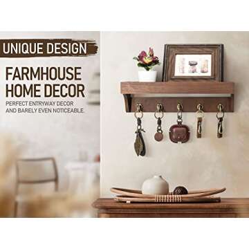 Rebee Vision Farmhouse Key Holder for Wall - Decorative Wooden Mail Organizer with 5 Rustic Key Hooks and Floating Shelf for Home Decor, Hallway, Entryway, Appartment (Retro Brown)