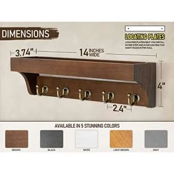 Rebee Vision Farmhouse Key Holder for Wall - Decorative Wooden Mail Organizer with 5 Rustic Key Hooks and Floating Shelf for Home Decor, Hallway, Entryway, Appartment (Retro Brown)