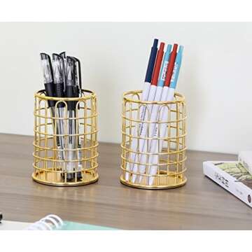 superbpag Metal Pen Holder, 2 pack Makeup Brushes Cup Pencil Holder for Home School Office Dormitory, Gold