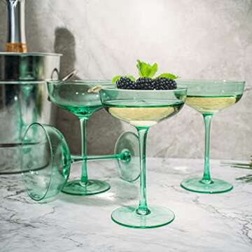 Green Colored Martini, Champagne and Cocktail Coupe Glass | 7oz | Set of 4 Colorful Valentine's Day Gifts Champagne & Glasses, Fancy Manhattan, Crystal Cocktails Barware Gifts (Mint Green)