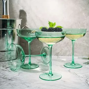 Green Colored Martini, Champagne and Cocktail Coupe Glass | 7oz | Set of 4 Colorful Valentine's Day Gifts Champagne & Glasses, Fancy Manhattan, Crystal Cocktails Barware Gifts (Mint Green)