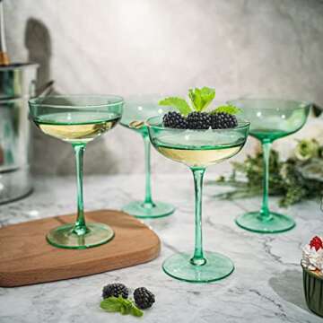 Green Colored Martini, Champagne and Cocktail Coupe Glass | 7oz | Set of 4 Colorful Valentine's Day Gifts Champagne & Glasses, Fancy Manhattan, Crystal Cocktails Barware Gifts (Mint Green)