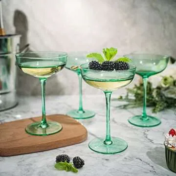 Green Colored Martini, Champagne and Cocktail Coupe Glass | 7oz | Set of 4 Colorful Valentine's Day Gifts Champagne & Glasses, Fancy Manhattan, Crystal Cocktails Barware Gifts (Mint Green)