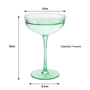 Green Colored Martini, Champagne and Cocktail Coupe Glass | 7oz | Set of 4 Colorful Valentine's Day Gifts Champagne & Glasses, Fancy Manhattan, Crystal Cocktails Barware Gifts (Mint Green)