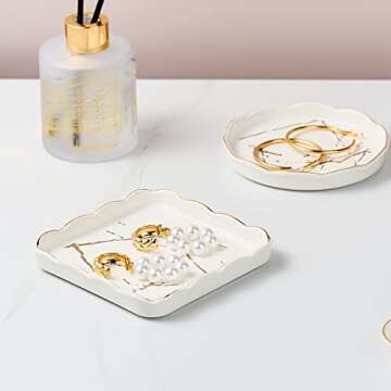 Gomakren Gifts for Women – Jewelry Holder Ceramic Ring Dish Trinket Tray – Unique Gifts for Best Friend Mother Aunt – 4.5 Inches Square Ring Dish Home Decor Desk Organizer Accessories – White