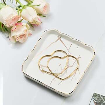Gomakren Gifts for Women – Jewelry Holder Ceramic Ring Dish Trinket Tray – Unique Gifts for Best Friend Mother Aunt – 4.5 Inches Square Ring Dish Home Decor Desk Organizer Accessories – White