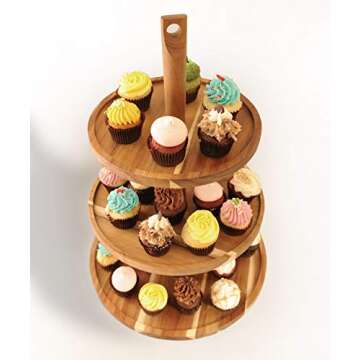 BAMBOOSUMO 3-Tier Cupcake Stand and Serving Tray for Coffee, Tea, Food, Brown Acacia Wood
