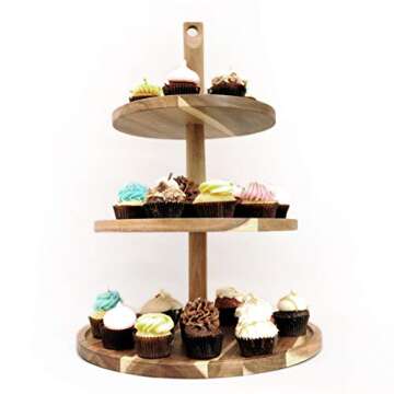 BAMBOOSUMO 3-Tier Cupcake Stand and Serving Tray for Coffee, Tea, Food, Brown Acacia Wood