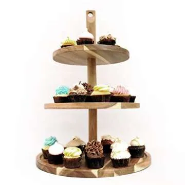 BAMBOOSUMO 3-Tier Cupcake Stand and Serving Tray for Coffee, Tea, Food, Brown Acacia Wood