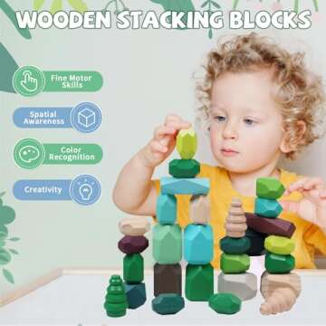 YHHYTOY 40 PCS Wooden Stacking Rocks Building Blocks Forest Theme, Sensory Learning Montessori Toys ...