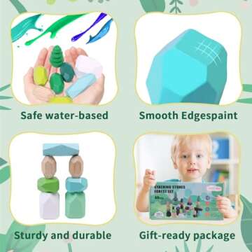 YHHYTOY 40 PCS Wooden Stacking Rocks Building Blocks Forest Theme, Sensory Learning Montessori Toys for 3 4 5 Year Old Kids, Preschool Educational STEM Toys Toddler Games Birthday Gifts for Girls Boys
