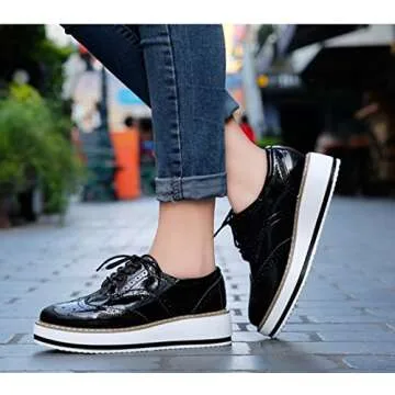 DADAWEN Women's Platform Lace-Up Wingtips Square Toe Oxfords Shoe Black US Size 9.5/Asia Size 42/26cm