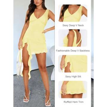 MIYIEONZ Women Sleeveless Sexy V Neck Bodycon Mini Dress Summer Side Slit Mesh Irregular Ruffle Hem Backless Short Dress Yellow