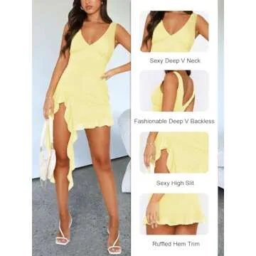 MIYIEONZ Women Sleeveless Sexy V Neck Bodycon Mini Dress Summer Side Slit Mesh Irregular Ruffle Hem Backless Short Dress Yellow