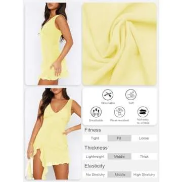 MIYIEONZ Women Sleeveless Sexy V Neck Bodycon Mini Dress Summer Side Slit Mesh Irregular Ruffle Hem Backless Short Dress Yellow
