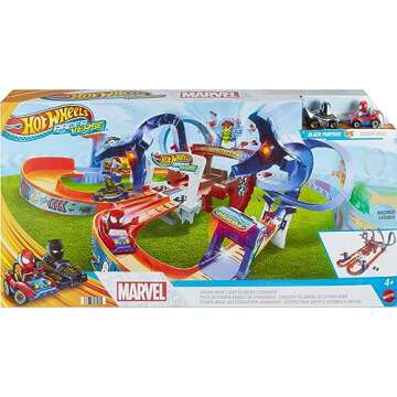 Hot Wheels Toy Car Track Set, RacerVerse Spider-Man’s Web-Slinging Speedway, Competitive Race with 2 Die-Cast Vehicles: Spider-Man & Black Panther