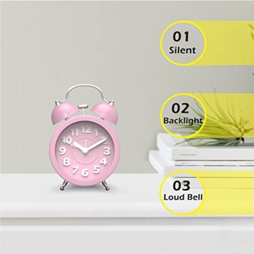 PILIFE 3" Small Loud Alarm Clock for Heavy Sleepers, Twin Bell Alarm Clock Battery Operated, Analog Alarm Clock with Light for Bedroom, Pink