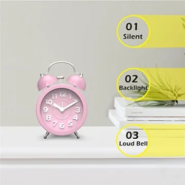 PILIFE 3" Small Loud Alarm Clock for Heavy Sleepers, Twin Bell Alarm Clock Battery Operated, Analog Alarm Clock with Light for Bedroom, Pink