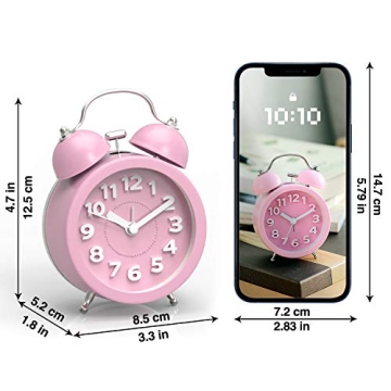 PILIFE 3" Small Loud Alarm Clock for Heavy Sleepers, Twin Bell Alarm Clock Battery Operated, Analog Alarm Clock with Light for Bedroom, Pink