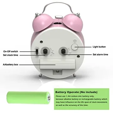 PILIFE 3" Small Loud Alarm Clock for Heavy Sleepers, Twin Bell Alarm Clock Battery Operated, Analog Alarm Clock with Light for Bedroom, Pink