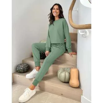 ZESICA Women's Long Sleeve Crop Top and Pants Pajama Sets 2 Piece Jogger Long Sleepwear Loungewear Pjs Sets,Green,Small