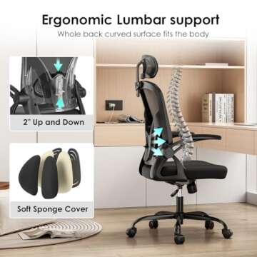 Farini Ergonomic Office Chair, Home Office Desk Chair with Headrest, High Back Computer Chair with Flip-up Armrests and Adjustable Lumbar Support.for Home Office Study Room Bedroom, Black.