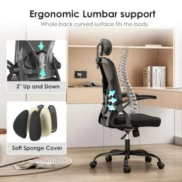 Farini Ergonomic Office Chair, Home Office Desk Chair with Headrest, High Back Computer Chair with Flip-up Armrests and Adjustable Lumbar Support.for Home Office Study Room Bedroom, Black.