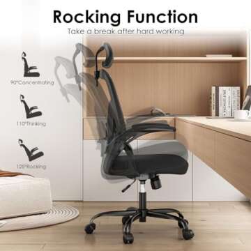 Farini Ergonomic Office Chair, Home Office Desk Chair with Headrest, High Back Computer Chair with Flip-up Armrests and Adjustable Lumbar Support.for Home Office Study Room Bedroom, Black.
