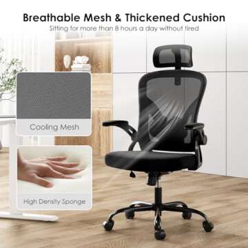 Farini Ergonomic Office Chair, Home Office Desk Chair with Headrest, High Back Computer Chair with Flip-up Armrests and Adjustable Lumbar Support.for Home Office Study Room Bedroom, Black.