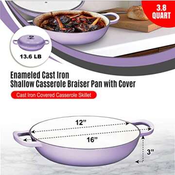 Bruntmor 3.8 Quart Enamel Cast Iron Dutch Oven With Handles And Lid, 3.8 Qt Lavendar Cast Iron Skillet, Enamel Shallow Cookware Braising Pan For Casserole Dish, Crock Pot Covered With Cast Iron- Blue