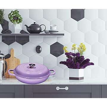 Bruntmor 3.8 Quart Enamel Cast Iron Dutch Oven With Handles And Lid, 3.8 Qt Lavendar Cast Iron Skillet, Enamel Shallow Cookware Braising Pan For Casserole Dish, Crock Pot Covered With Cast Iron- Blue