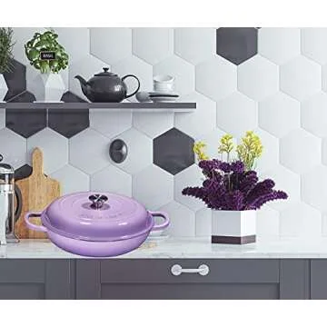 Bruntmor 3.8 Quart Enamel Cast Iron Dutch Oven With Handles And Lid, 3.8 Qt Lavendar Cast Iron Skillet, Enamel Shallow Cookware Braising Pan For Casserole Dish, Crock Pot Covered With Cast Iron- Blue