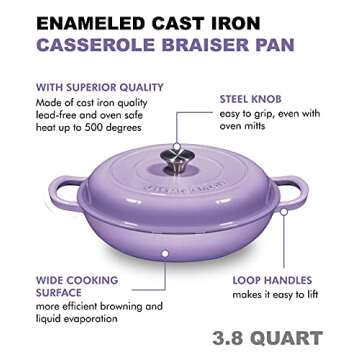 Bruntmor 3.8 Quart Enamel Cast Iron Dutch Oven With Handles And Lid, 3.8 Qt Lavendar Cast Iron Skillet, Enamel Shallow Cookware Braising Pan For Casserole Dish, Crock Pot Covered With Cast Iron- Blue