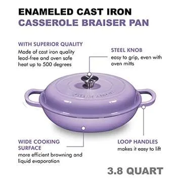 Bruntmor 3.8 Quart Enamel Cast Iron Dutch Oven With Handles And Lid, 3.8 Qt Lavendar Cast Iron Skillet, Enamel Shallow Cookware Braising Pan For Casserole Dish, Crock Pot Covered With Cast Iron- Blue