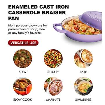 Bruntmor 3.8 Quart Enamel Cast Iron Dutch Oven With Handles And Lid, 3.8 Qt Lavendar Cast Iron Skillet, Enamel Shallow Cookware Braising Pan For Casserole Dish, Crock Pot Covered With Cast Iron- Blue