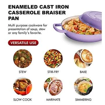 Bruntmor 3.8 Quart Enamel Cast Iron Dutch Oven With Handles And Lid, 3.8 Qt Lavendar Cast Iron Skillet, Enamel Shallow Cookware Braising Pan For Casserole Dish, Crock Pot Covered With Cast Iron- Blue