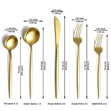Evanda Gold Silverware Set 60 Piece Service for 12, Titanium Gold Plated Stainless Steel Flatware Se...