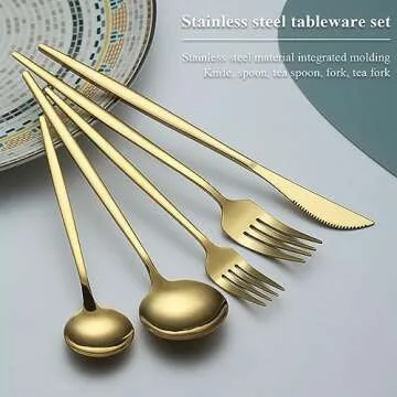 Evanda Gold Silverware Set 60 Piece Service for 12, Titanium Gold Plated Stainless Steel Flatware Set, Knives Forks Spoons Cutlery Set for Wedding, Parties, Birthday, Restauroom, Dishwasher Safe